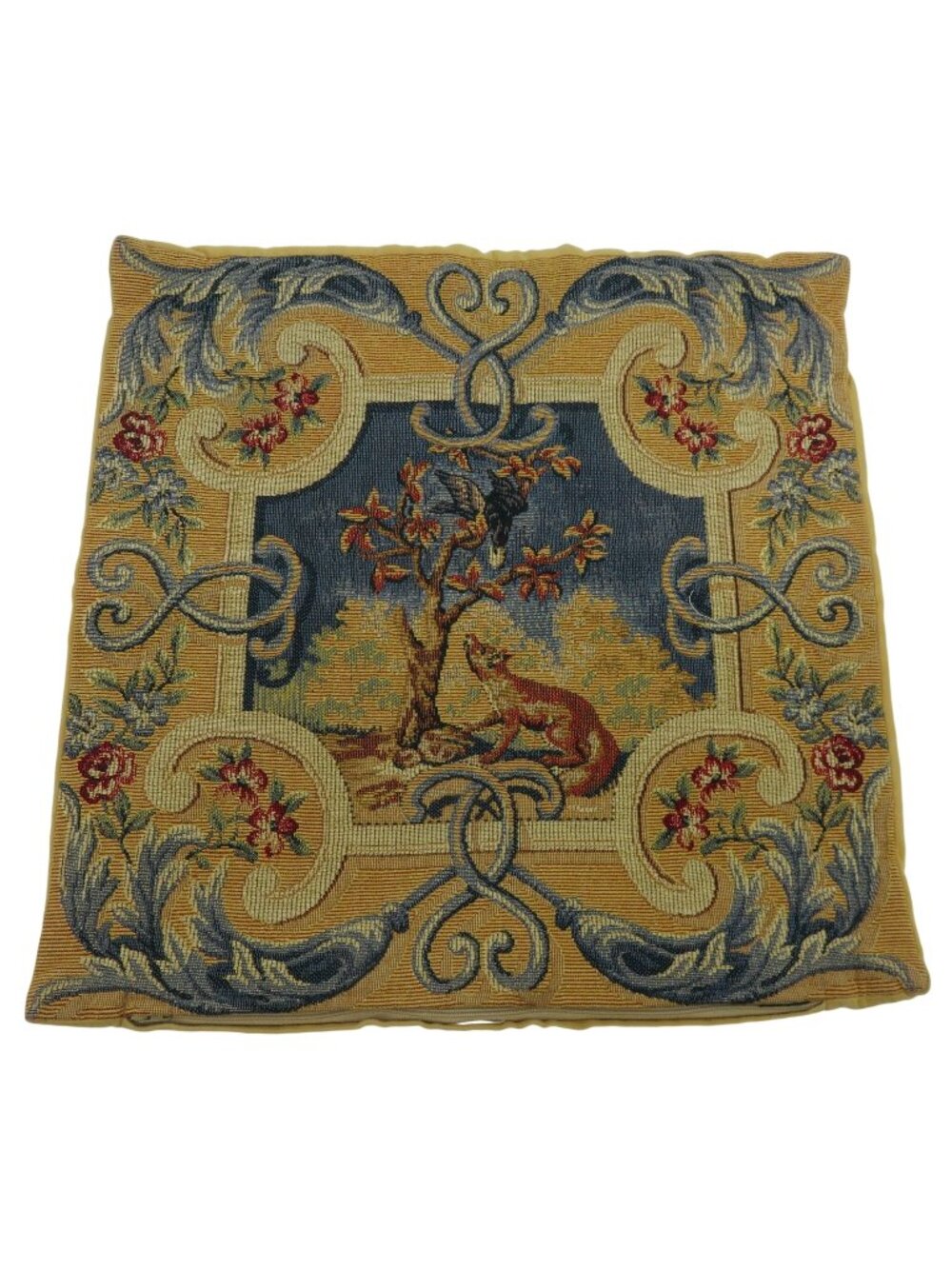 VTG J Pansu 17x17in Fox Bird Tree Gold Blue Scroll Tapestry Pillow Sham France